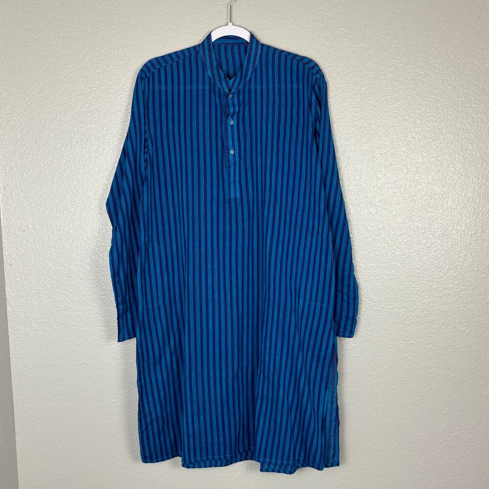 Men’s 38 Traditional Striped Blue Indian Dress Kurta Pajamas Top Comfort *flawed